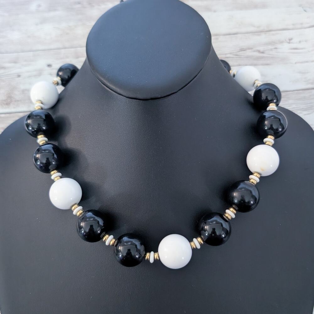 Vintage Monet Necklace Chunky Statement Black, White, Gold Tone